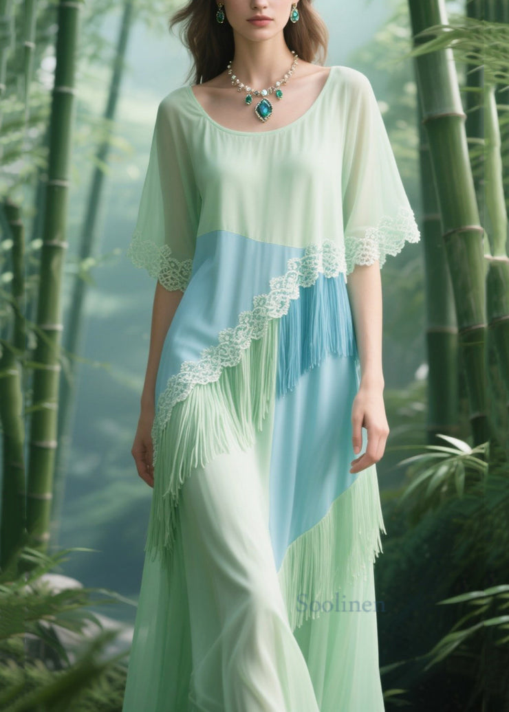 Chic Light Green Tasseled Patchwork Lace Tulle Long Dresses Summer