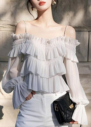 Chic Light Grey Ruffled Solid Chiffon Spaghetti Strap Blouse Flare Sleeve