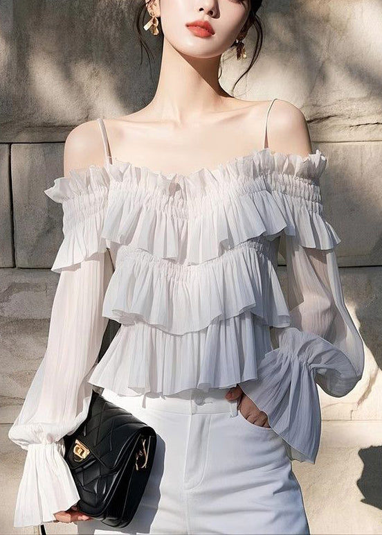 Chic Light Grey Ruffled Solid Chiffon Spaghetti Strap Blouse Flare Sleeve