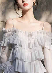 Chic Light Grey Ruffled Solid Chiffon Spaghetti Strap Blouse Flare Sleeve