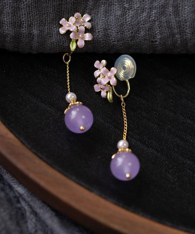 Chic Light Purple Copper Overgild Pearl Drip Glaze Drop Earrings