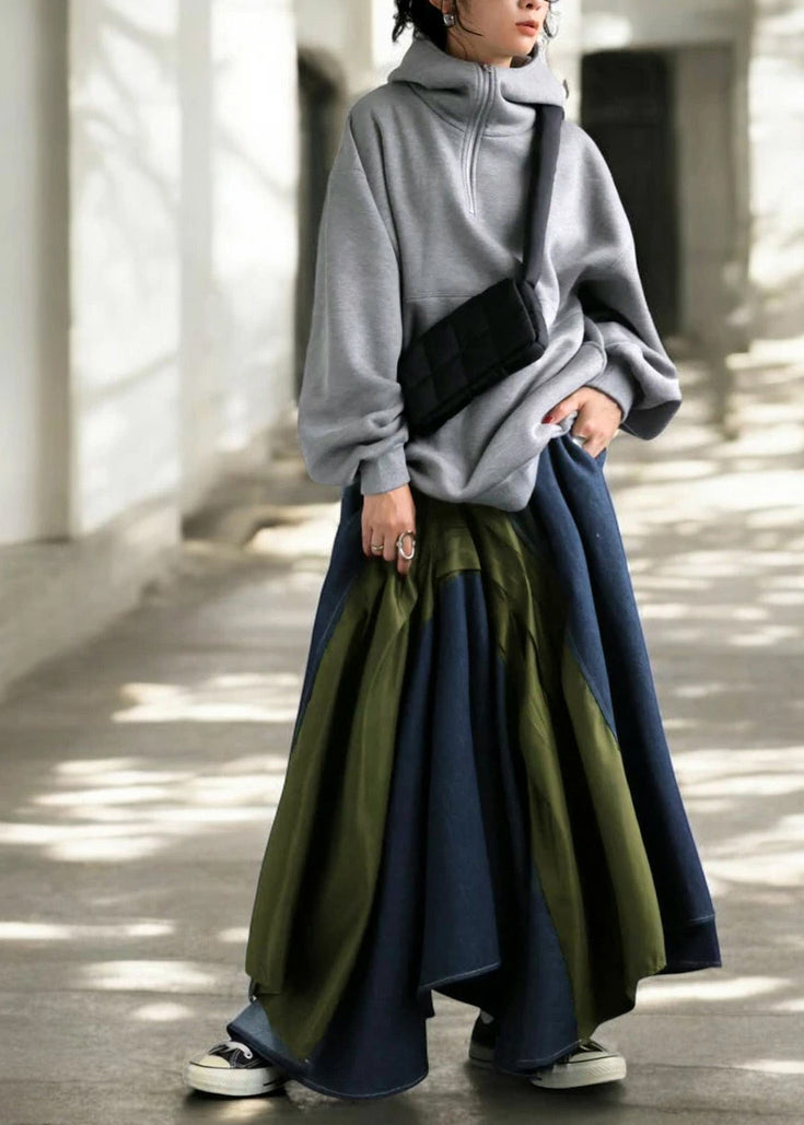 Chic Mixed Color Asymmetrical Patchwork Denim Skirt Summer