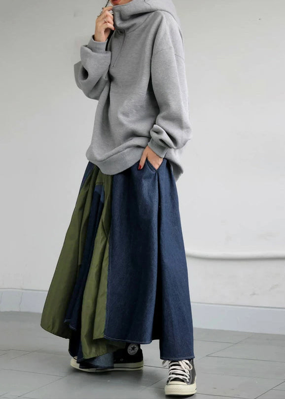 Chic Mixed Color Asymmetrical Patchwork Denim Skirt Summer