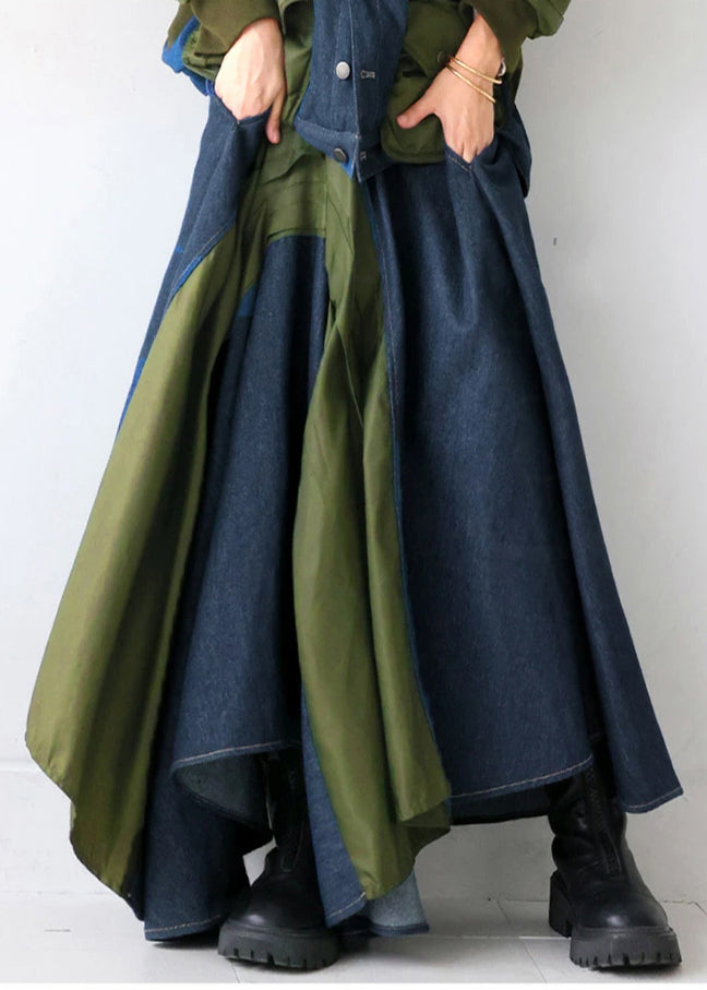 Chic Mixed Color Asymmetrical Patchwork Denim Skirt Summer