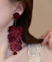 Chic Mulberry Fabric Resin Rose Tassel Drop Earrings