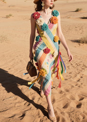 Chic Multicolor Striped Knitted Flower Cotton Cami Dresses Summer