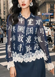 Chic Navy Chinese Character Patchwork Lace Chiffon Blouse Top Spring