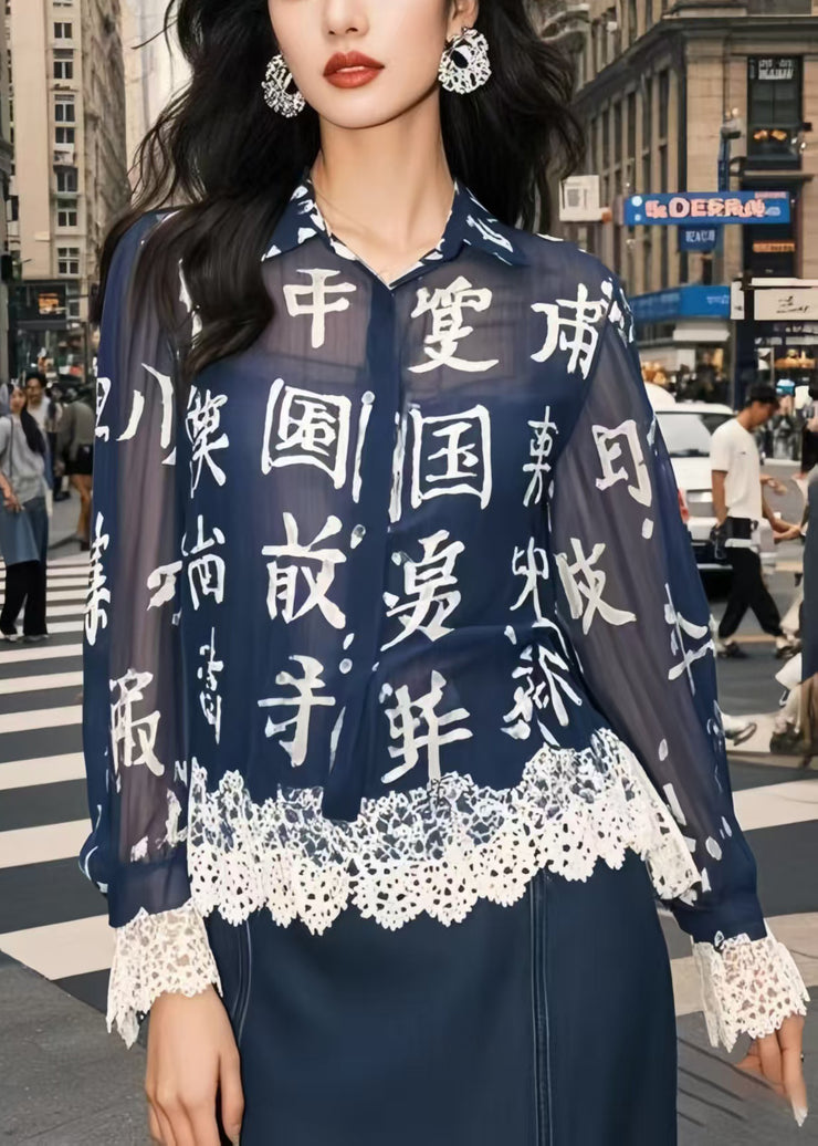 Chic Navy Chinese Character Patchwork Lace Chiffon Blouse Top Spring