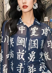 Chic Navy Chinese Character Patchwork Lace Chiffon Blouse Top Spring