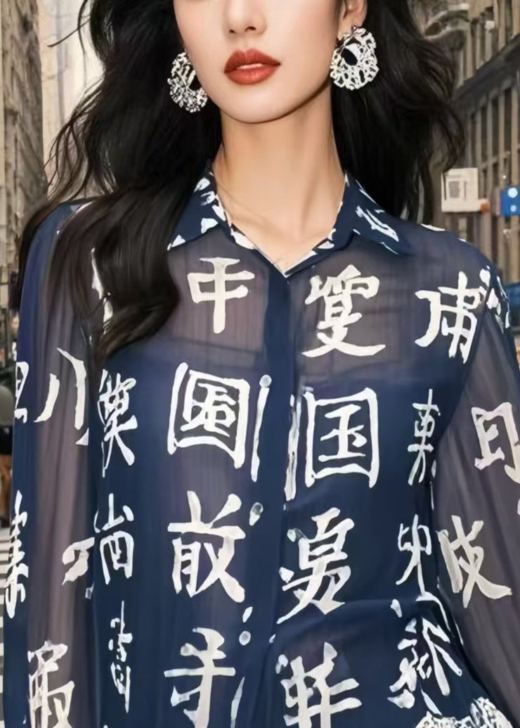 Chic Navy Chinese Character Patchwork Lace Chiffon Blouse Top Spring