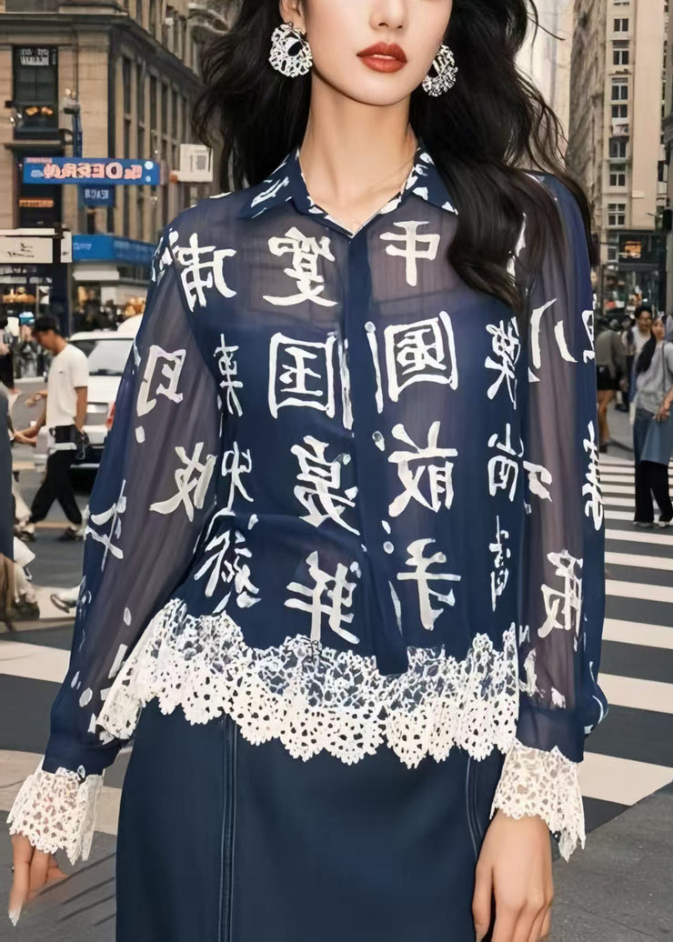 Chic Navy Chinese Character Patchwork Lace Chiffon Blouse Top Spring