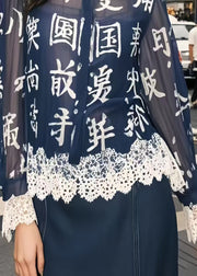 Chic Navy Chinese Character Patchwork Lace Chiffon Blouse Top Spring