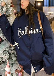 Chic Navy Oversized Bow Letter Print Fine Cotton Filled Jackets Winter