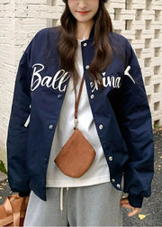 Chic Navy Oversized Bow Letter Print Fine Cotton Filled Jackets Winter