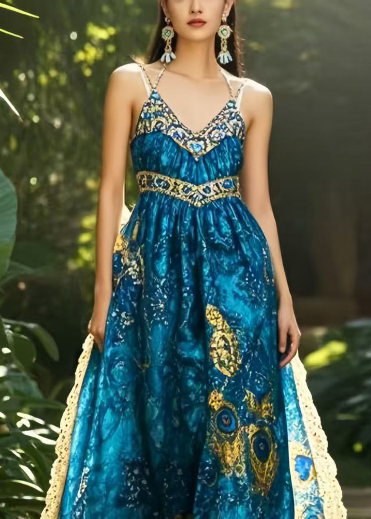 Chic Navy Print Exra Large Hem Chiffon Holiday Dress Summer