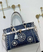 Chic Navy Rhinestone Large Capacity Denim Tote Handbag