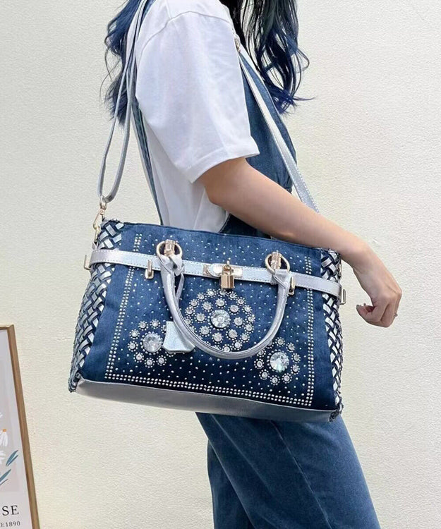 Chic Navy Rhinestone Large Capacity Denim Tote Handbag