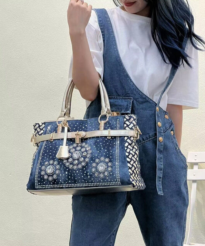 Chic Navy Rhinestone Large Capacity Denim Tote Handbag