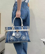 Chic Navy Rhinestone Large Capacity Denim Tote Handbag
