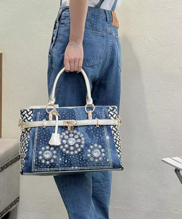Chic Navy Rhinestone Large Capacity Denim Tote Handbag