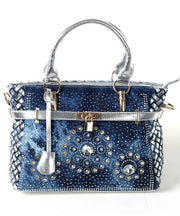 Chic Navy Rhinestone Large Capacity Denim Tote Handbag