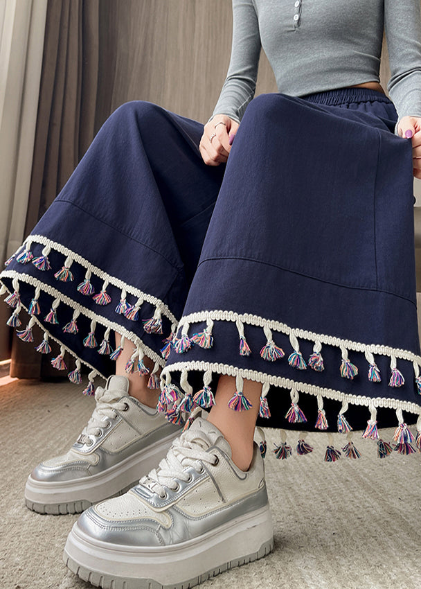 Chic Navy Tasseled Cotton Wide Leg Pants Trousers Fall