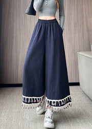 Chic Navy Tasseled Cotton Wide Leg Pants Trousers Fall