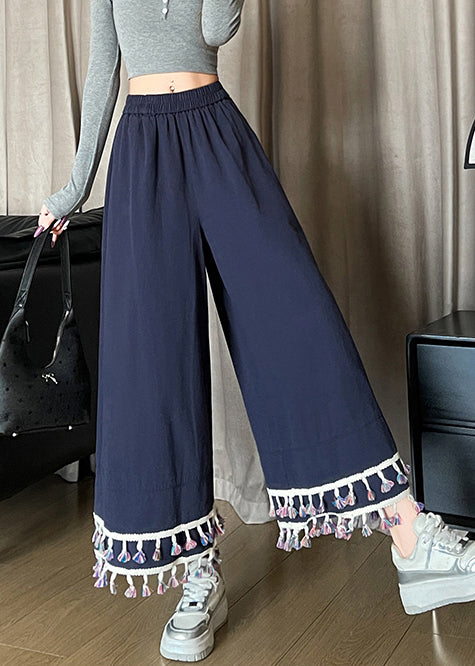Chic Navy Tasseled Cotton Wide Leg Pants Trousers Fall