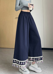 Chic Navy Tasseled Cotton Wide Leg Pants Trousers Fall