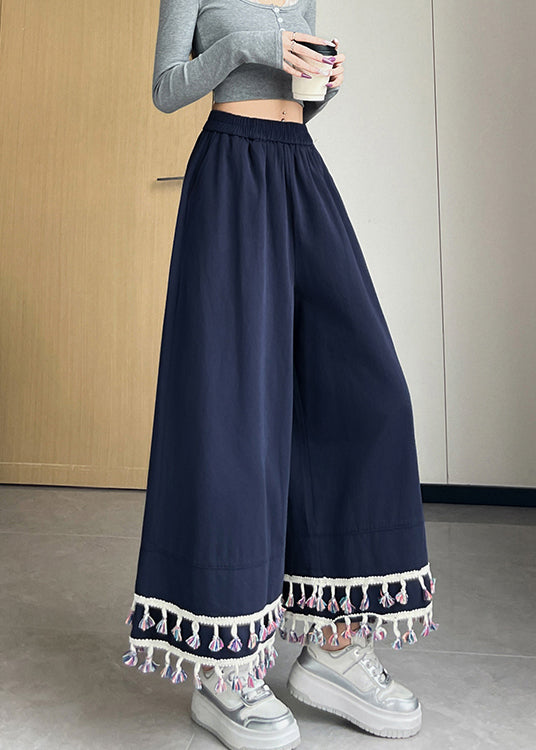 Chic Navy Tasseled Cotton Wide Leg Pants Trousers Fall