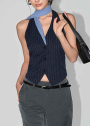 Chic Navy V Neck Striped Button Vest Sleeveless