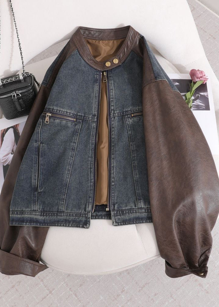 Chic O Neck Pockets Faux Leather Patchwork Denim Coat Fall