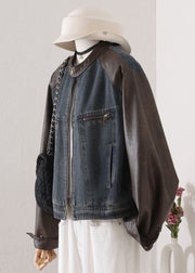 Chic O Neck Pockets Faux Leather Patchwork Denim Coat Fall