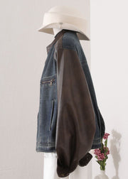 Chic O Neck Pockets Faux Leather Patchwork Denim Coat Fall
