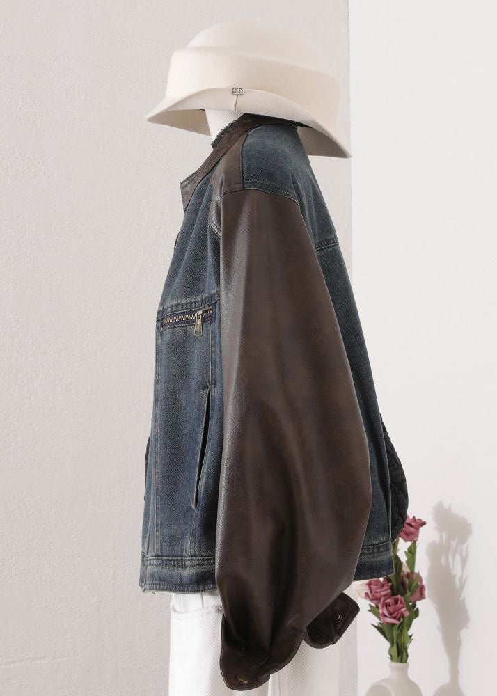 Chic O Neck Pockets Faux Leather Patchwork Denim Coat Fall