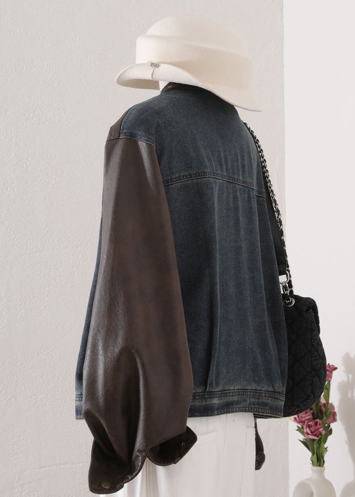 Chic O Neck Pockets Faux Leather Patchwork Denim Coat Fall
