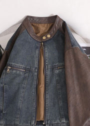 Chic O Neck Pockets Faux Leather Patchwork Denim Coat Fall
