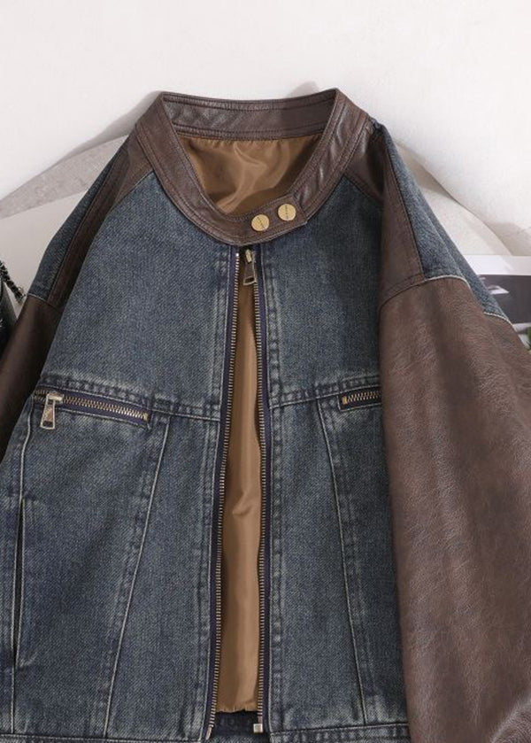 Chic O Neck Pockets Faux Leather Patchwork Denim Coat Fall
