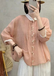 Chic Orange Embroidered Patchwork Wrinkled Linen Blouses Bracelet Sleeve