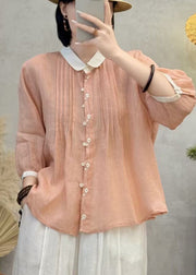 Chic Orange Embroidered Patchwork Wrinkled Linen Blouses Bracelet Sleeve