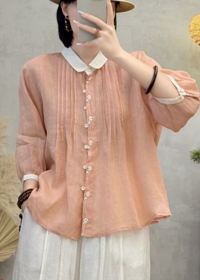 Chic Orange Embroidered Patchwork Wrinkled Linen Blouses Bracelet Sleeve