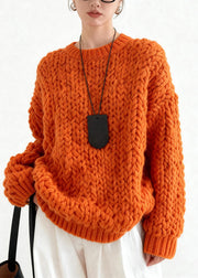 Chic Orange Oversized Cable Knit Sweater Tops Winter