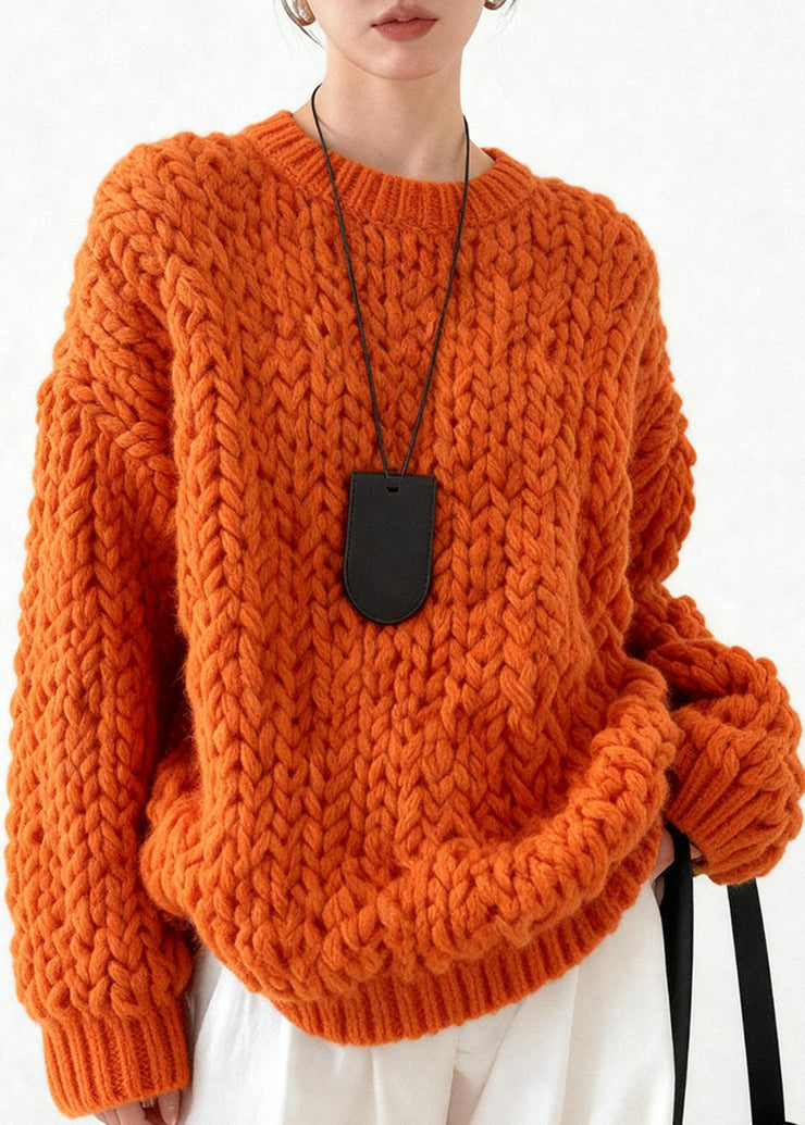 Chic Orange Oversized Cable Knit Sweater Tops Winter