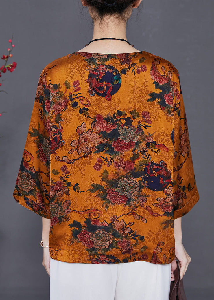 Chic Orange Oversized Print Silk Top Bracelet Sleeve