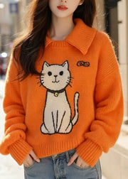 Chic Orange Peter Pan Collar Cats Knitted Sweater Tops Fall
