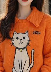 Chic Orange Peter Pan Collar Cats Knitted Sweater Tops Fall