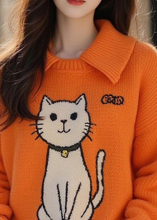 Chic Orange Peter Pan Collar Cats Knitted Sweater Tops Fall