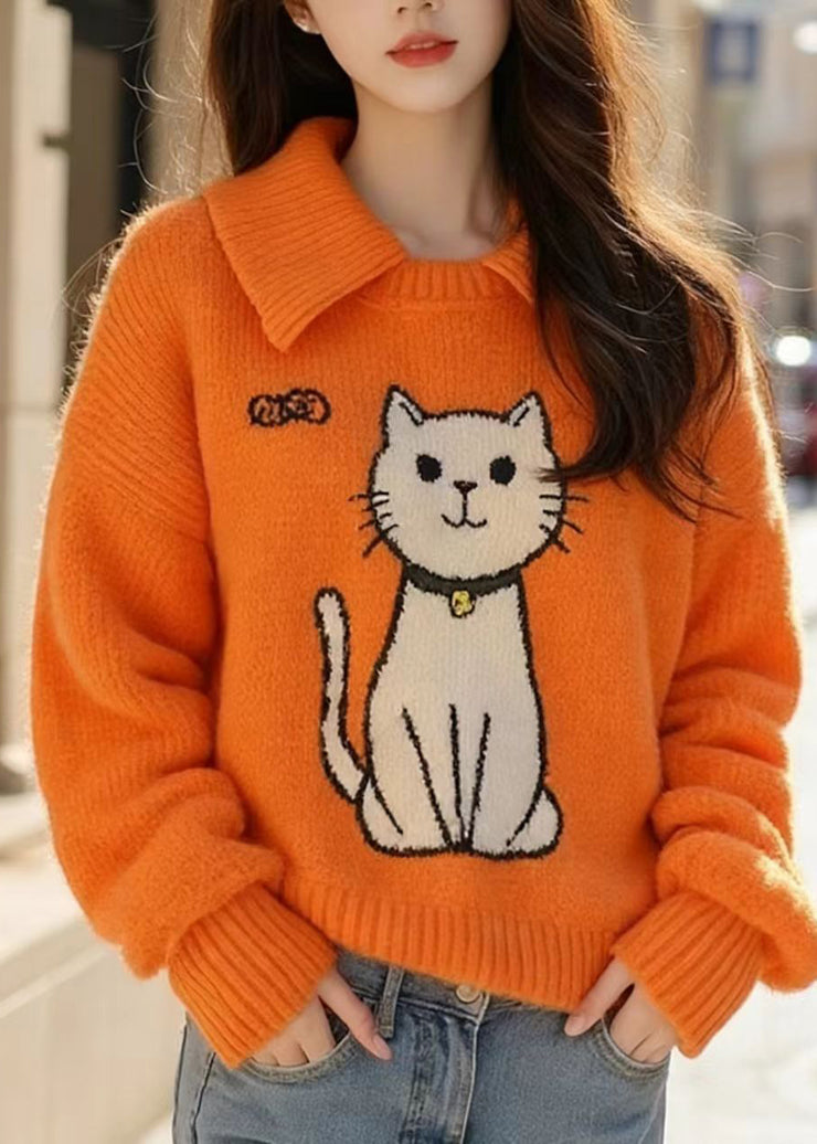 Chic Orange Peter Pan Collar Cats Knitted Sweater Tops Fall