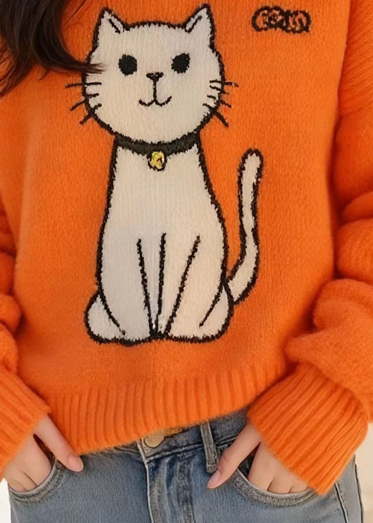 Chic Orange Peter Pan Collar Cats Knitted Sweater Tops Fall