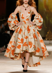 Chic Orange Print Exra Large Hem Vestidos Dresses Lantern Sleeve